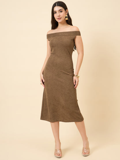 brown bodycon midi dress with boat neck