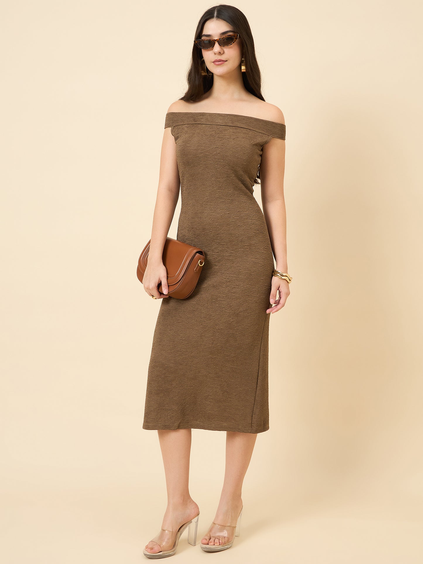 brown bodycon midi dress with boat neck