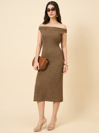 brown bodycon midi dress with boat neck