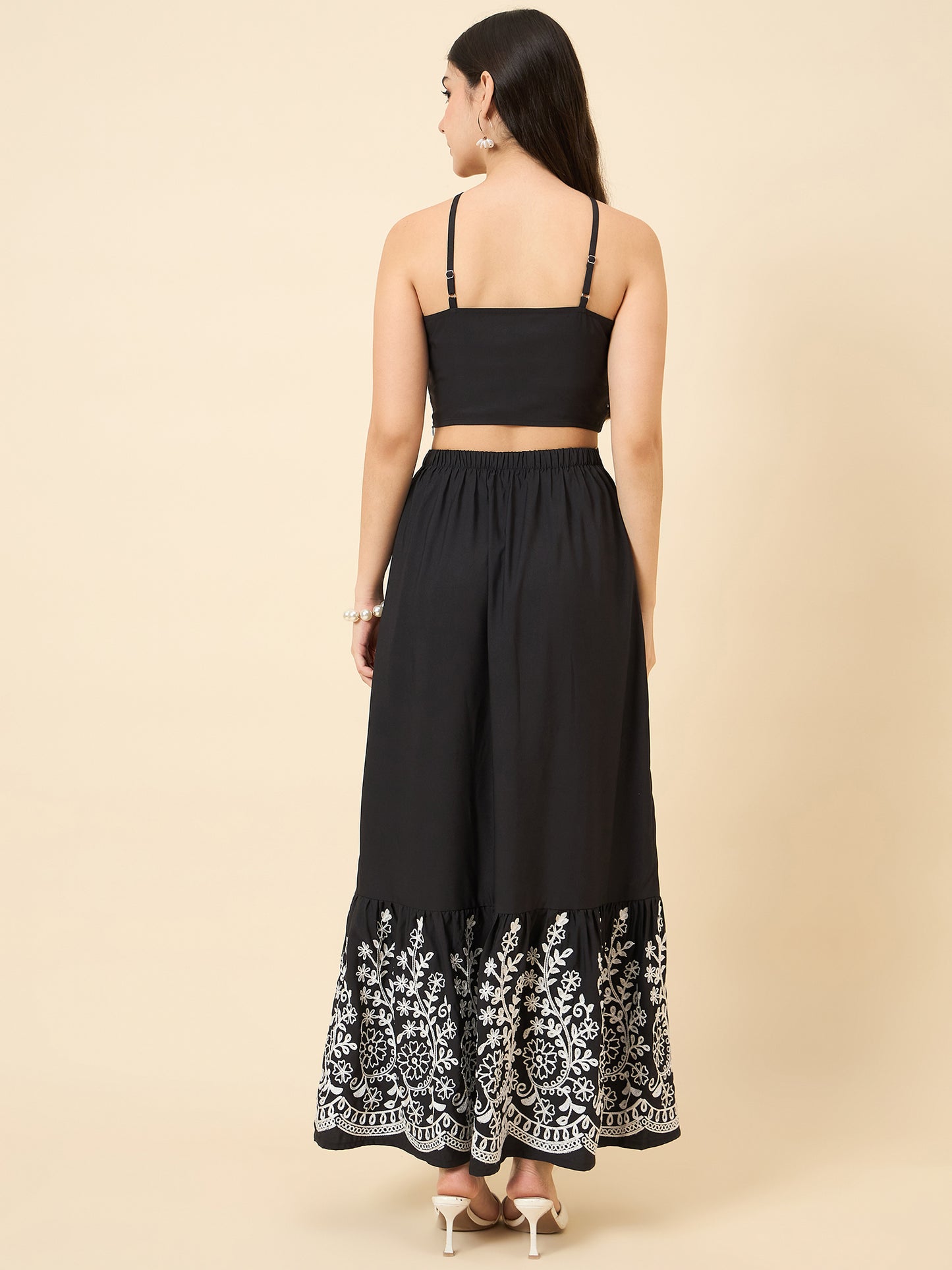 Black maxi dress with floral embroidery