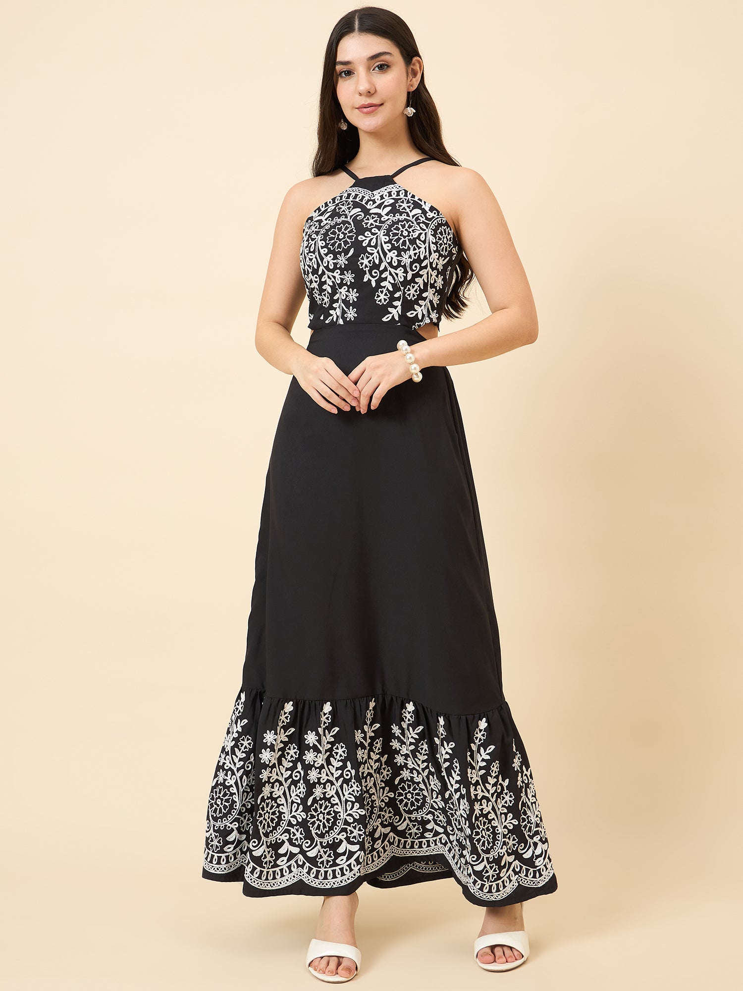 Black maxi dress with floral embroidery