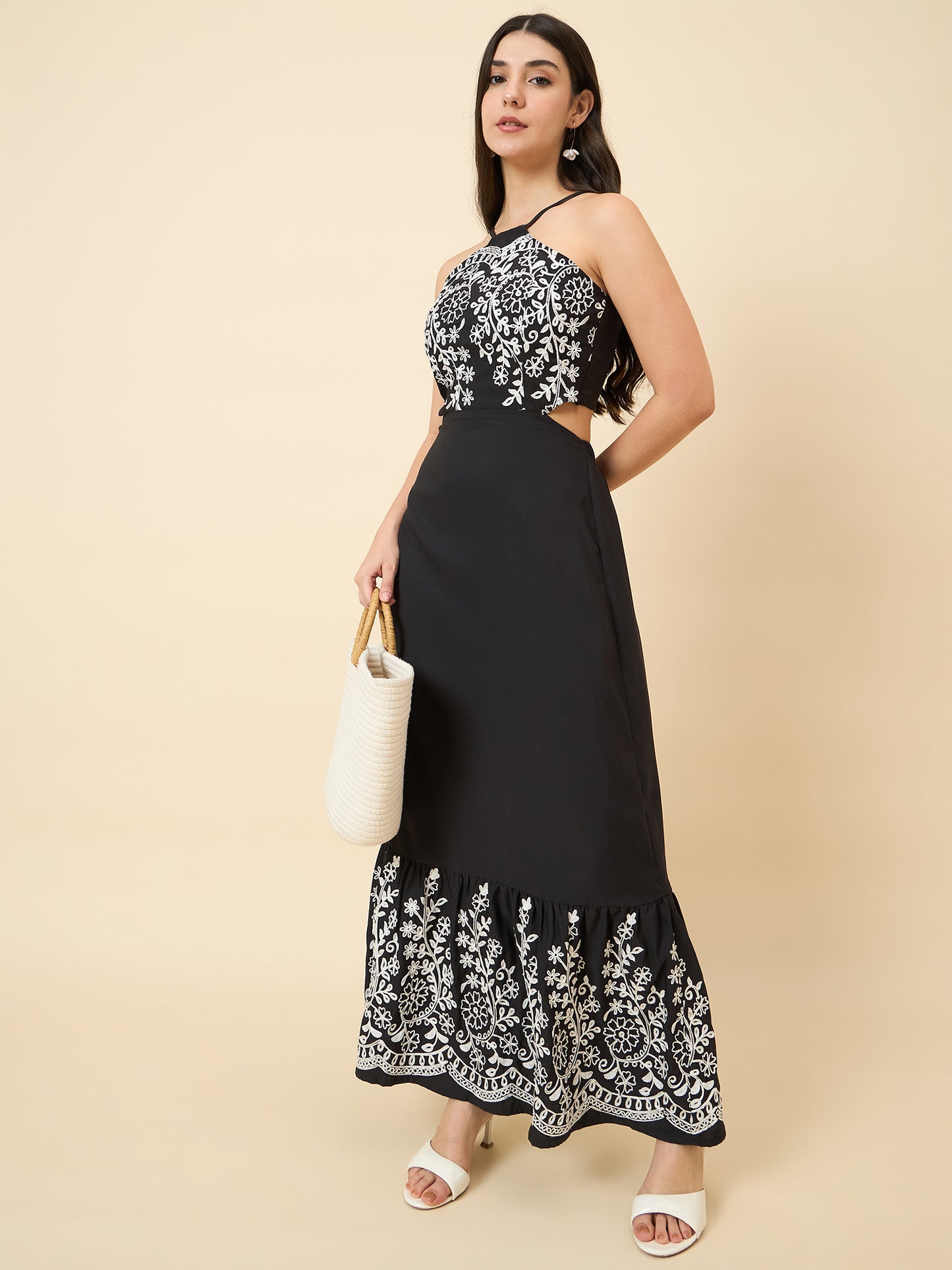 Black maxi dress with floral embroidery