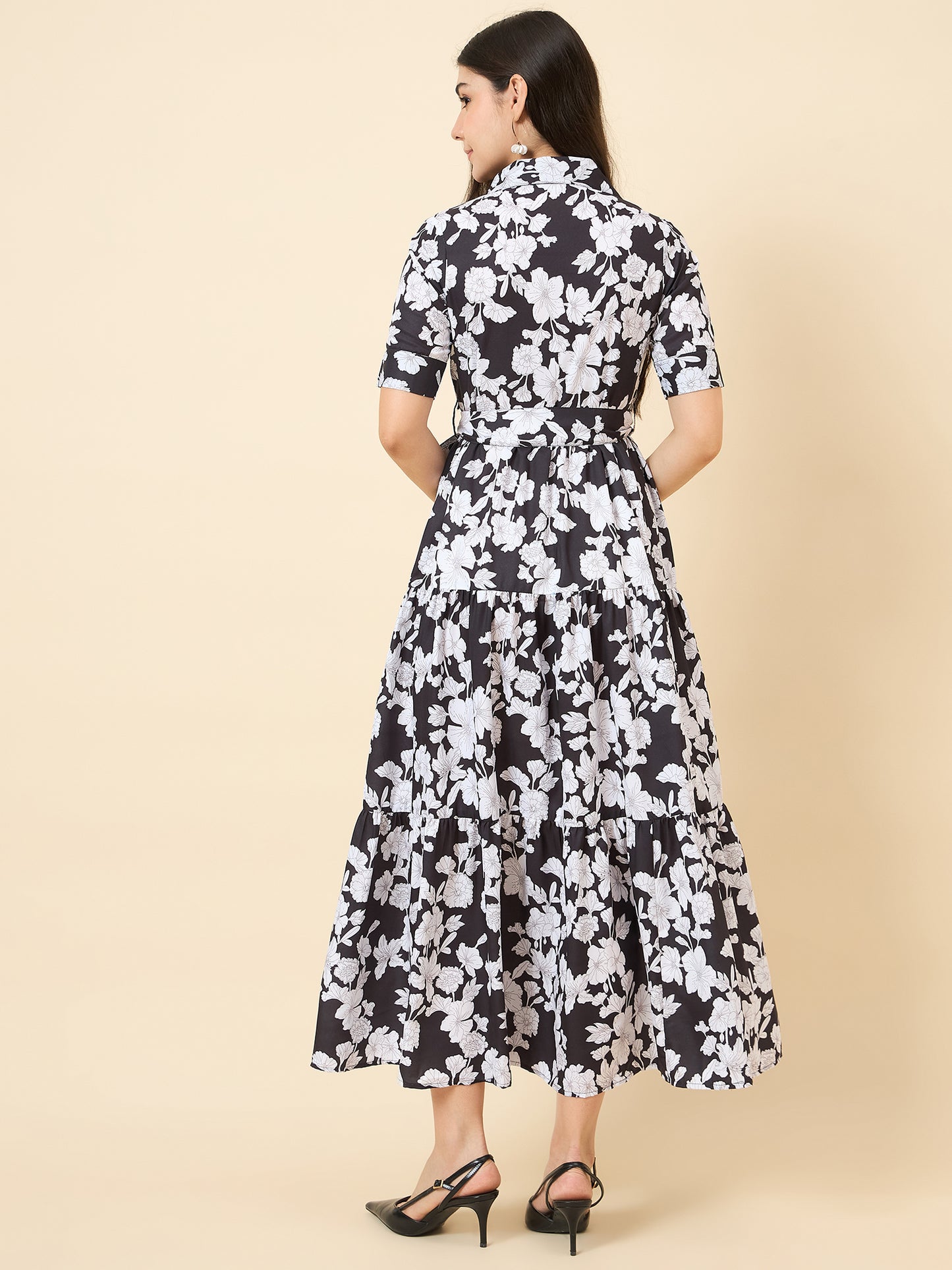 Black & White Floral Printed Shirt Collar Midi Dress with Tie-Up