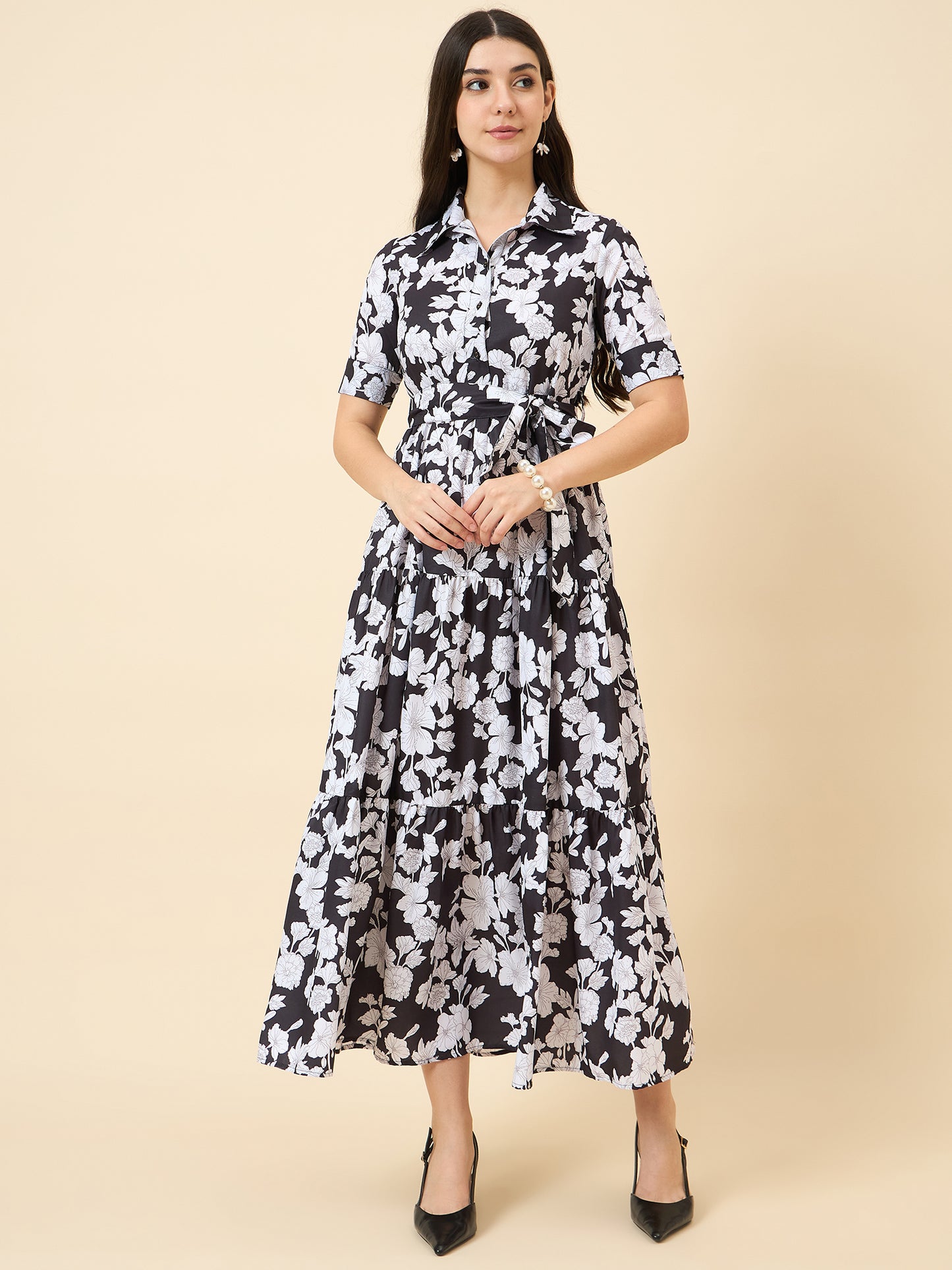 Black & White Floral Printed Shirt Collar Midi Dress with Tie-Up