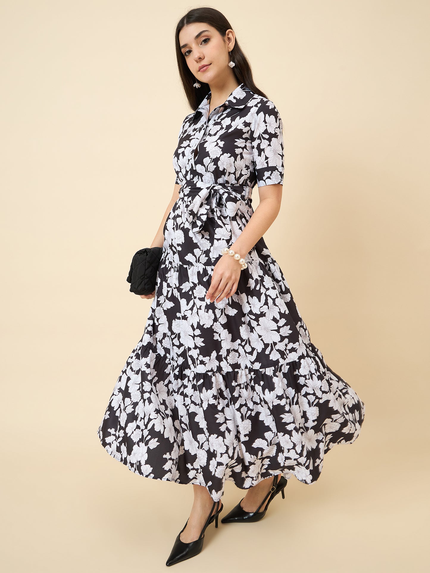 Black & White Floral Printed Shirt Collar Midi Dress with Tie-Up