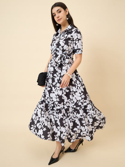Black & White Floral Printed Shirt Collar Midi Dress with Tie-Up