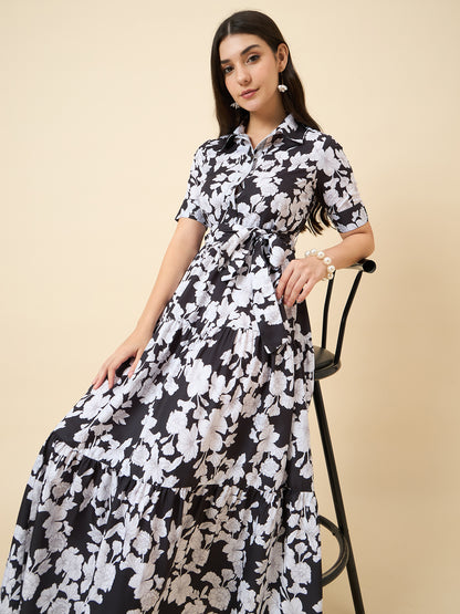 Black & White Floral Printed Shirt Collar Midi Dress with Tie-Up