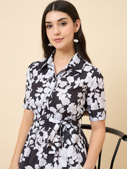 Black & White Floral Printed Shirt Collar Midi Dress with Tie-Up