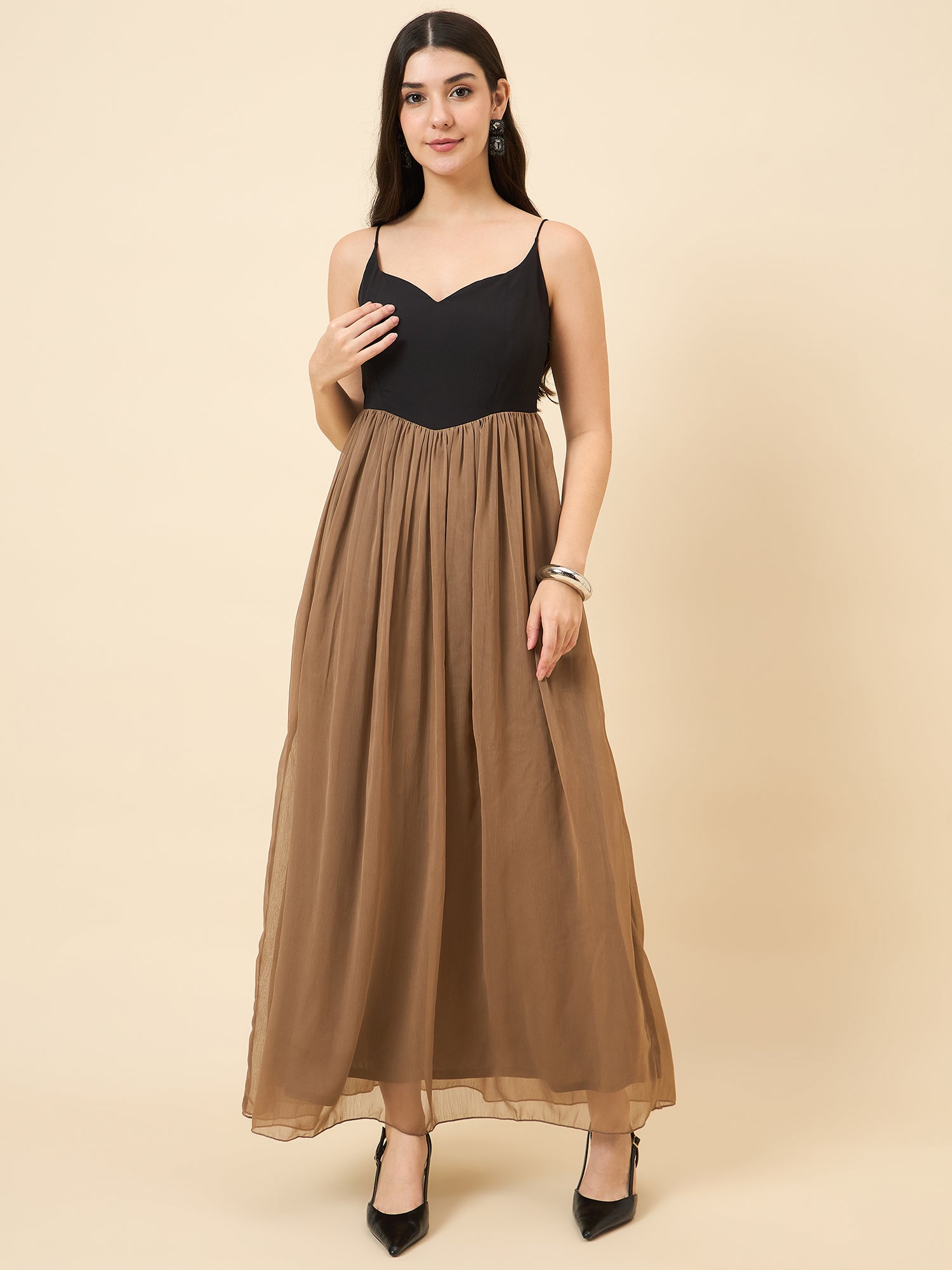 Brown chiffon maxi dress with sweetheart neckline