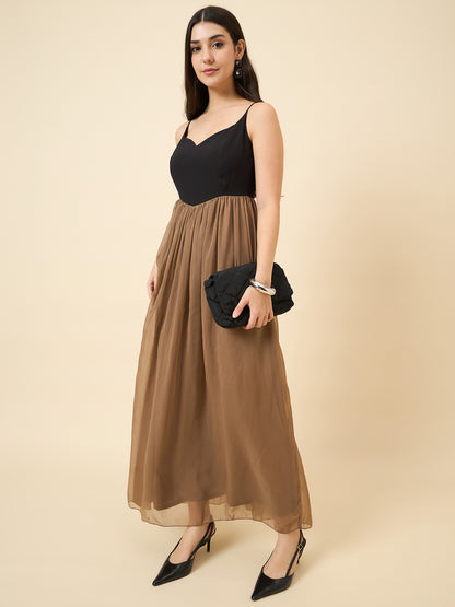 Brown chiffon maxi dress with sweetheart neckline