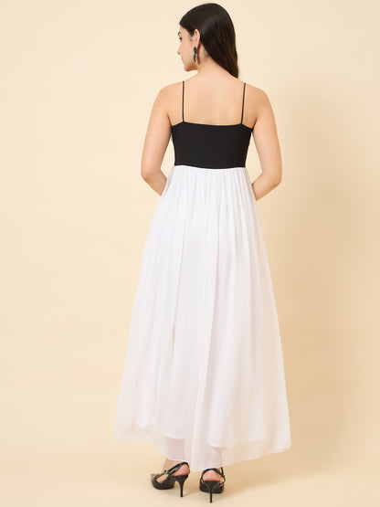 white chiffon maxi dress with sweetheart neckline