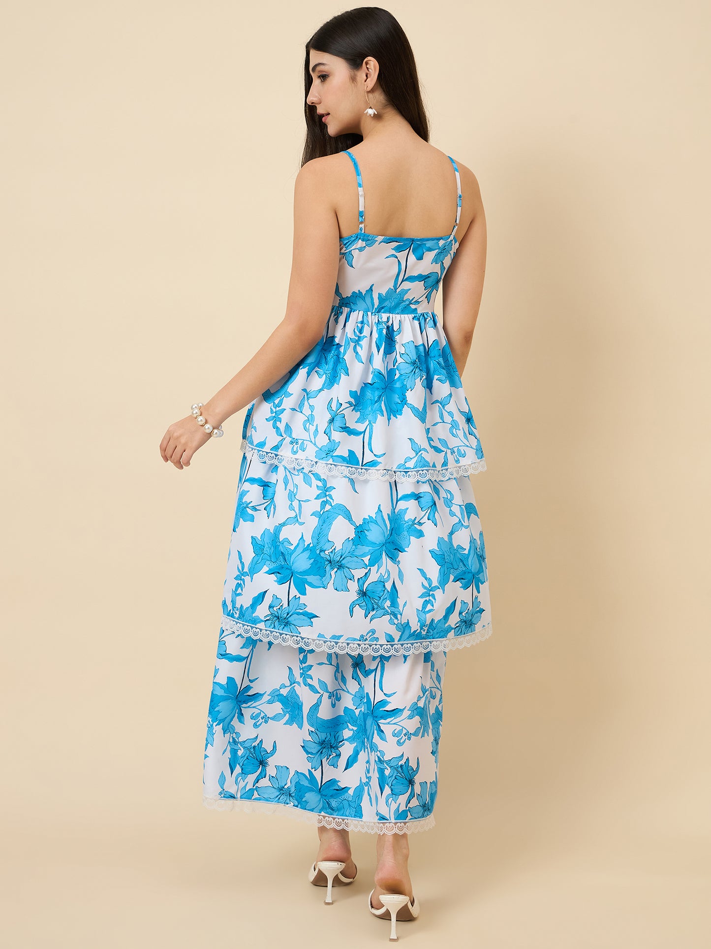 Diya Printed Tiered Lace Midi Dress