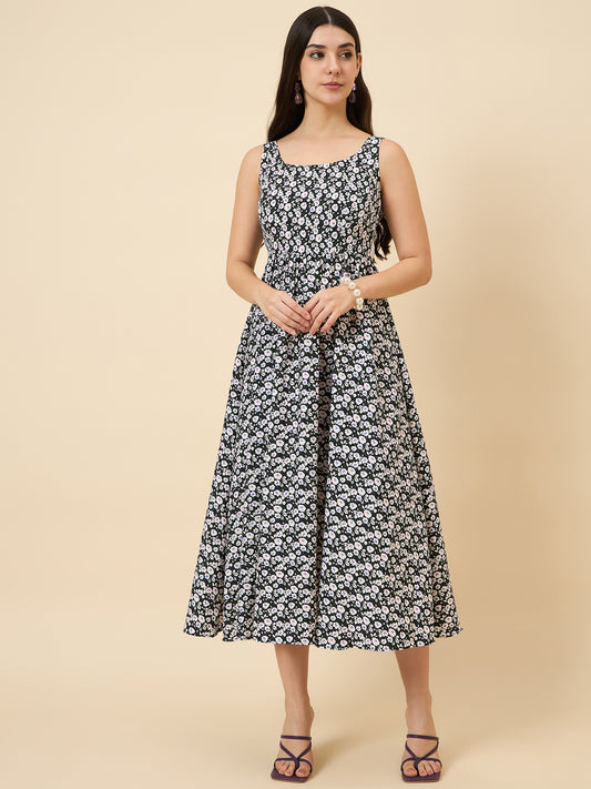Black sleeveless floral A-line midi