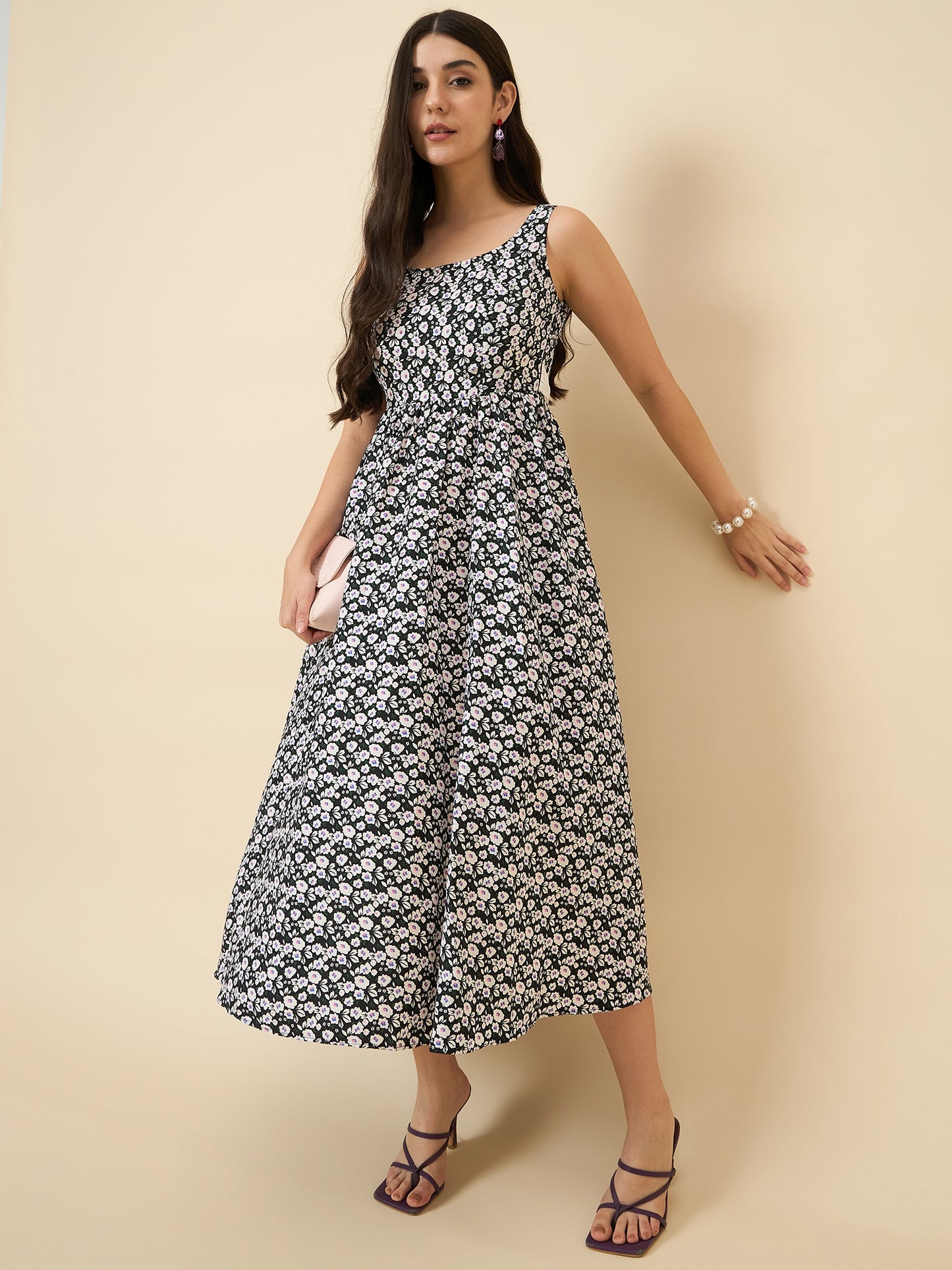 Black sleeveless floral A-line midi