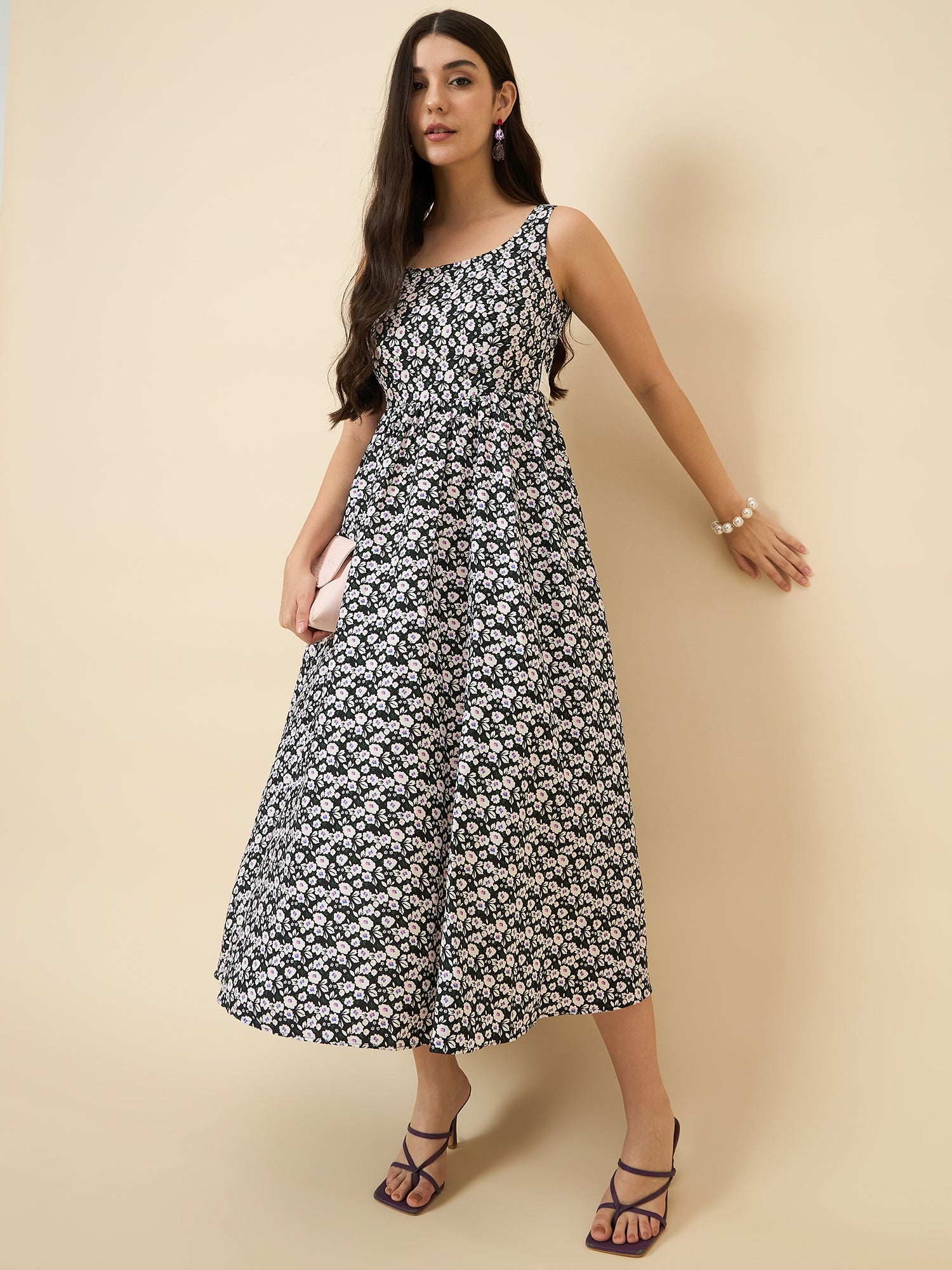 Black sleeveless floral A-line midi