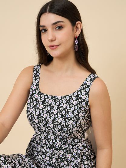 Black sleeveless floral A-line midi