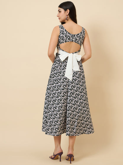 Black sleeveless floral A-line midi