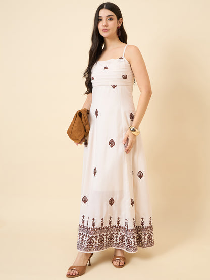 Square neckline maxi dress in white colour