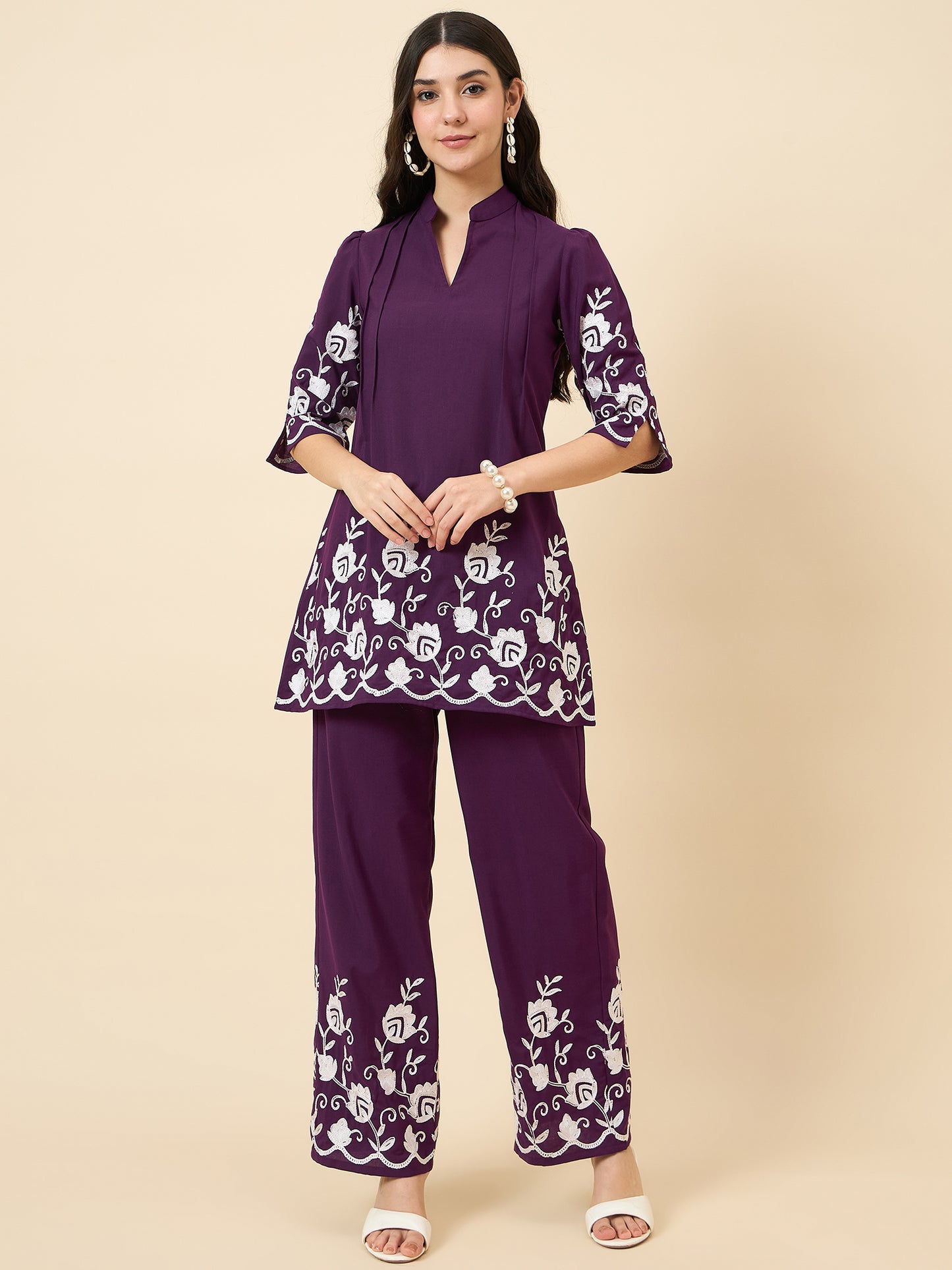 Mandarin Collar Kurta & Elastic High Waist Pants for Women