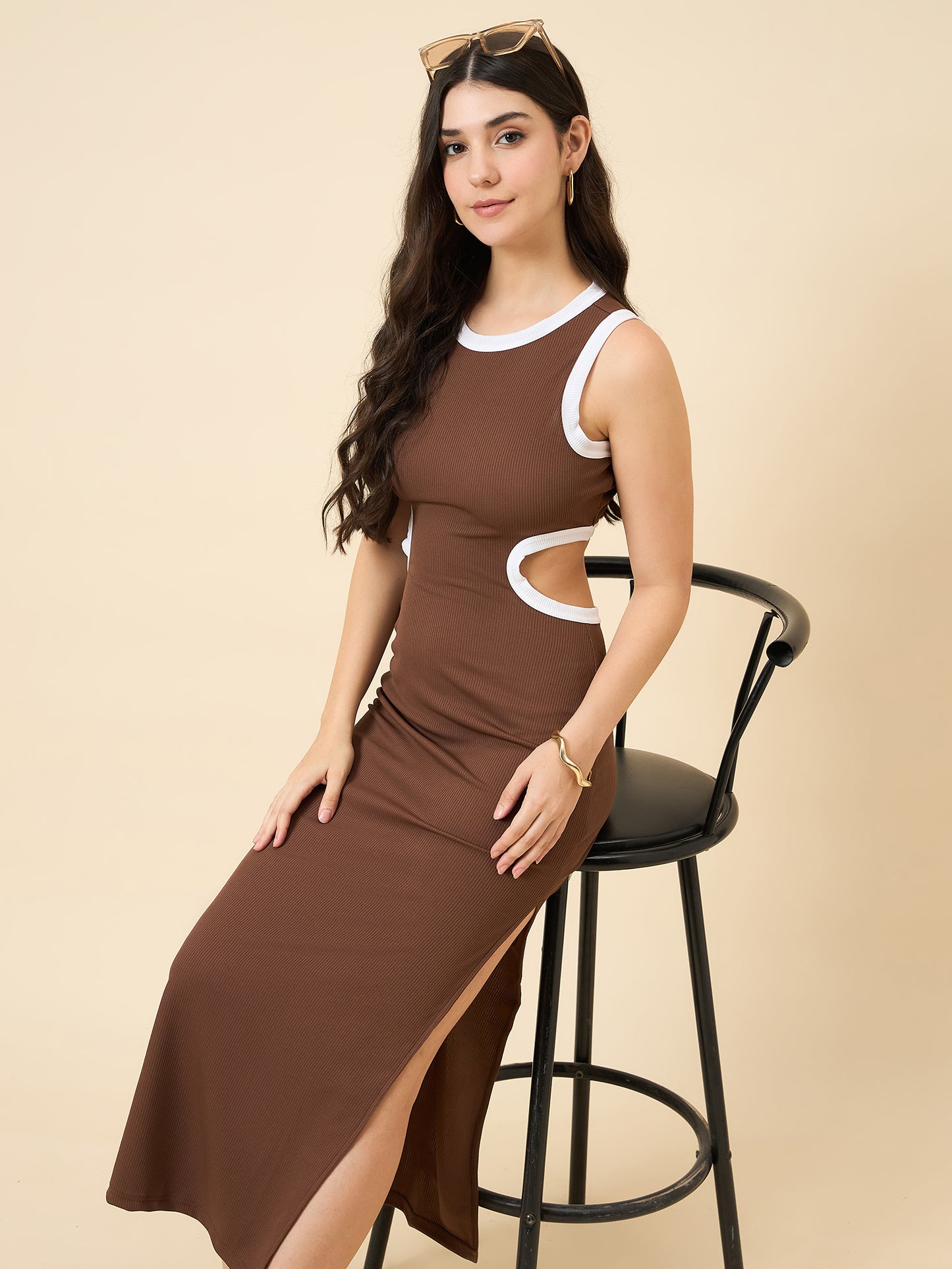 Piping Accent Bodycon Maxi with Side Openings