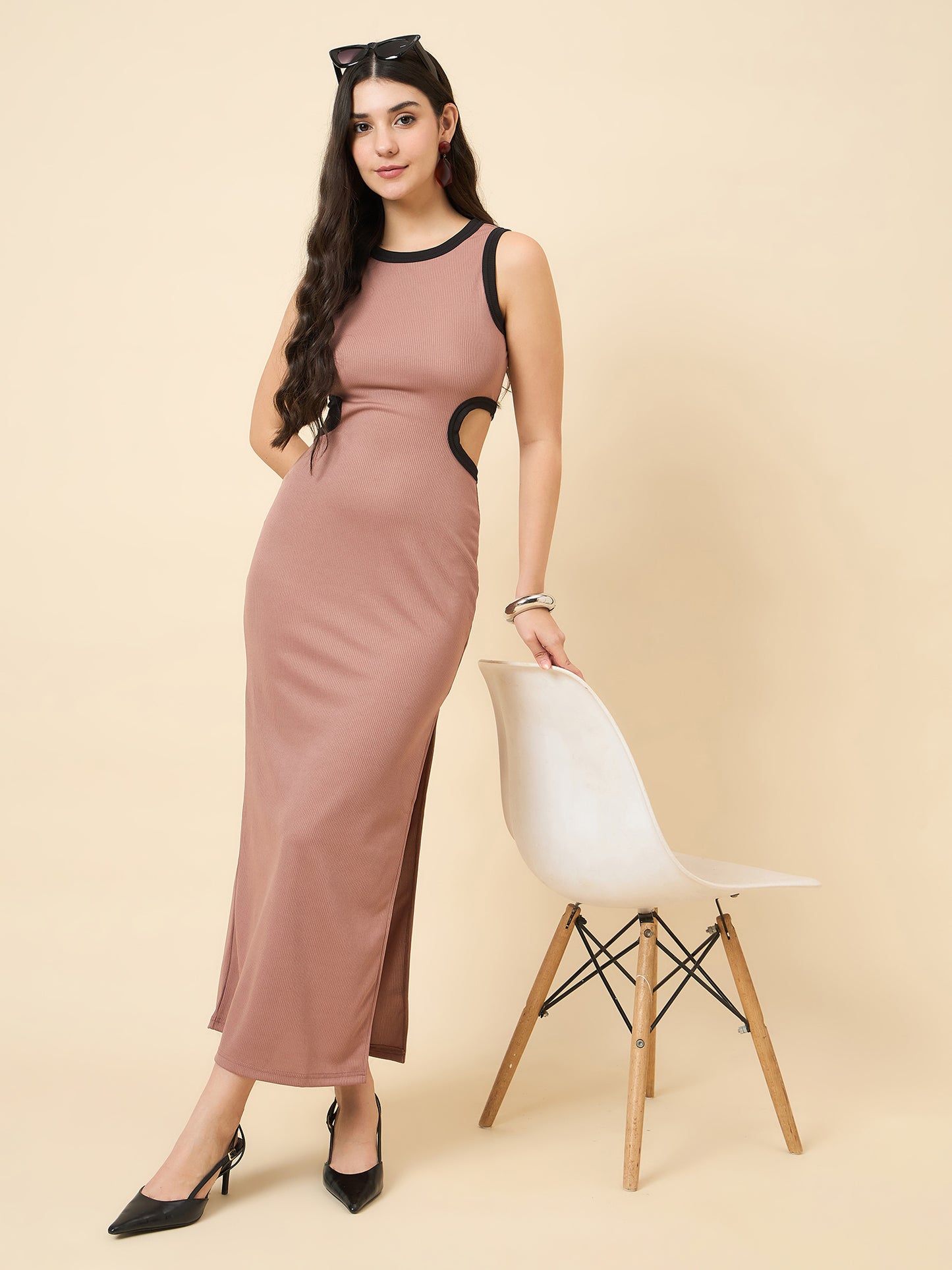 Piping Accent Bodycon Maxi with Side Openings