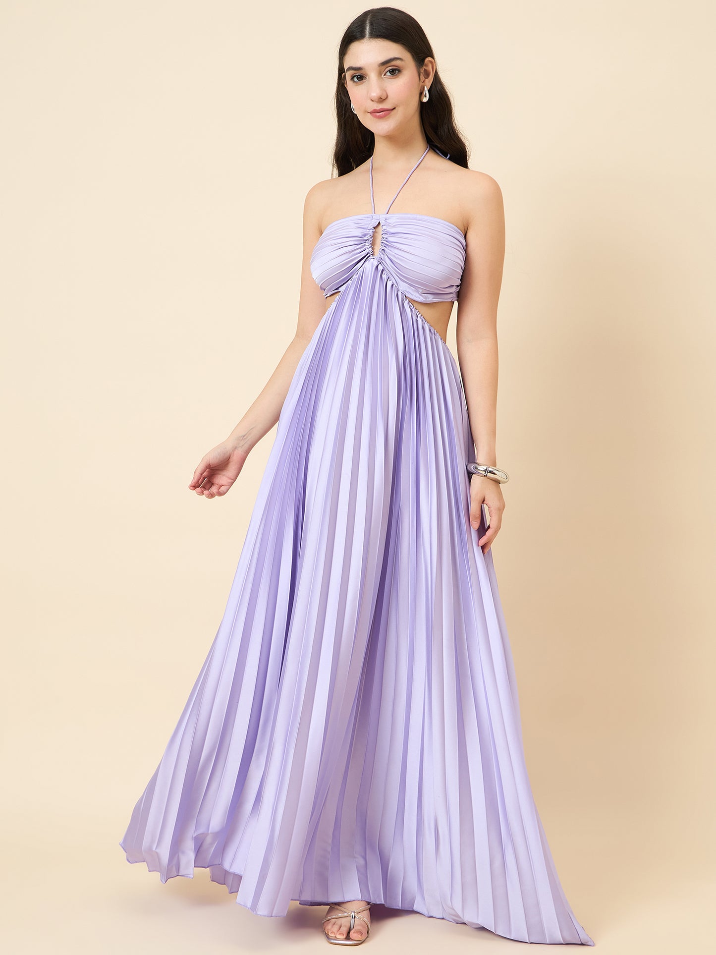 Solid Halter Neck Pleated Satin Maxi Dress