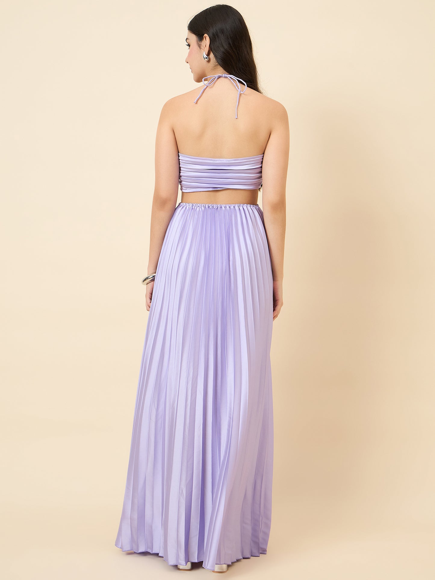 Solid Halter Neck Pleated Satin Maxi Dress