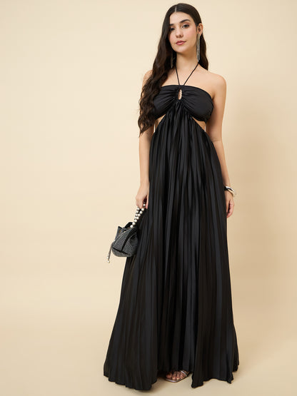 Solid Halter Neck Pleated Satin Maxi Dress