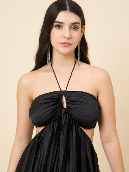 Solid Halter Neck Pleated Satin Maxi Dress