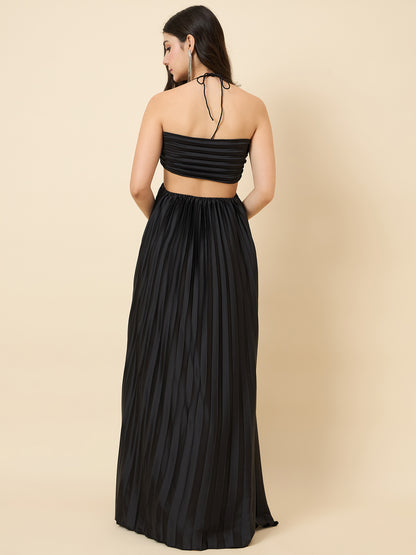 Solid Halter Neck Pleated Satin Maxi Dress