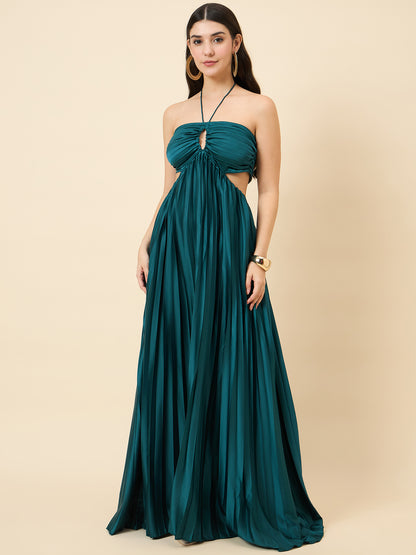 Solid Halter Neck Pleated Satin Maxi Dress