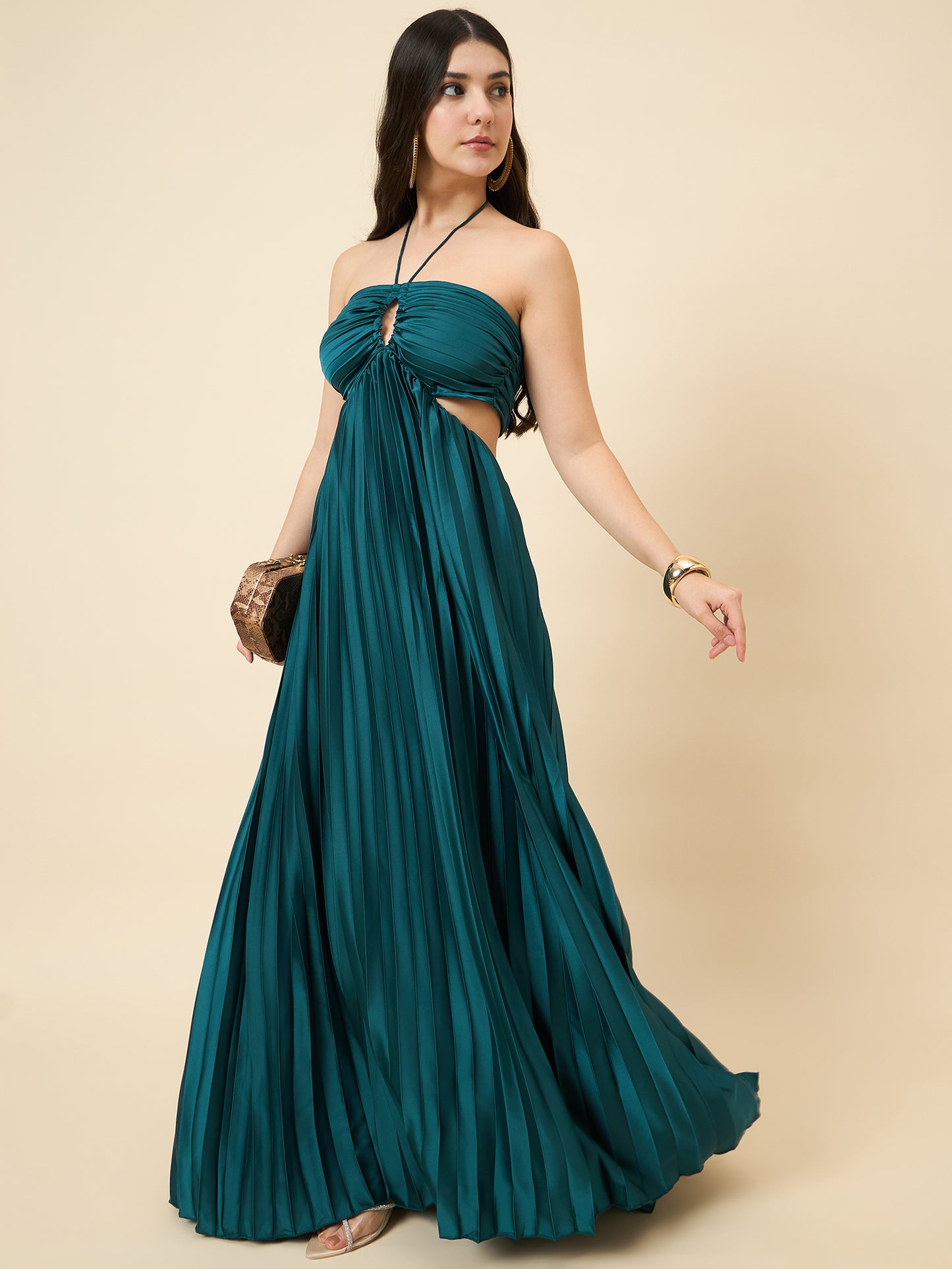Solid Halter Neck Pleated Satin Maxi Dress