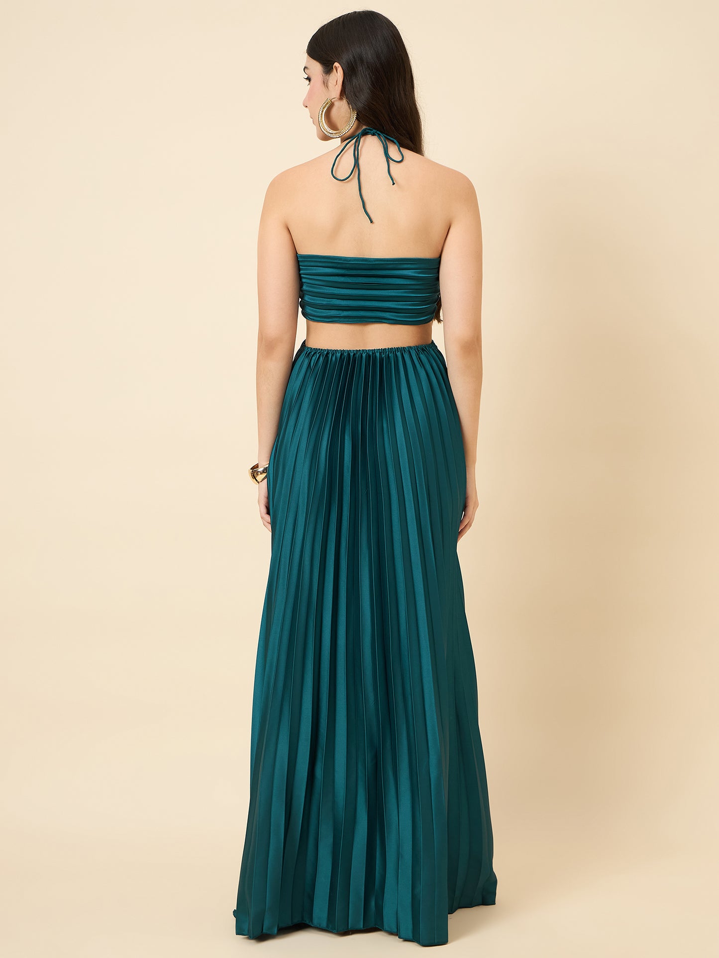 Solid Halter Neck Pleated Satin Maxi Dress