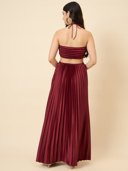 Solid Halter Neck Pleated Satin Maxi Dress