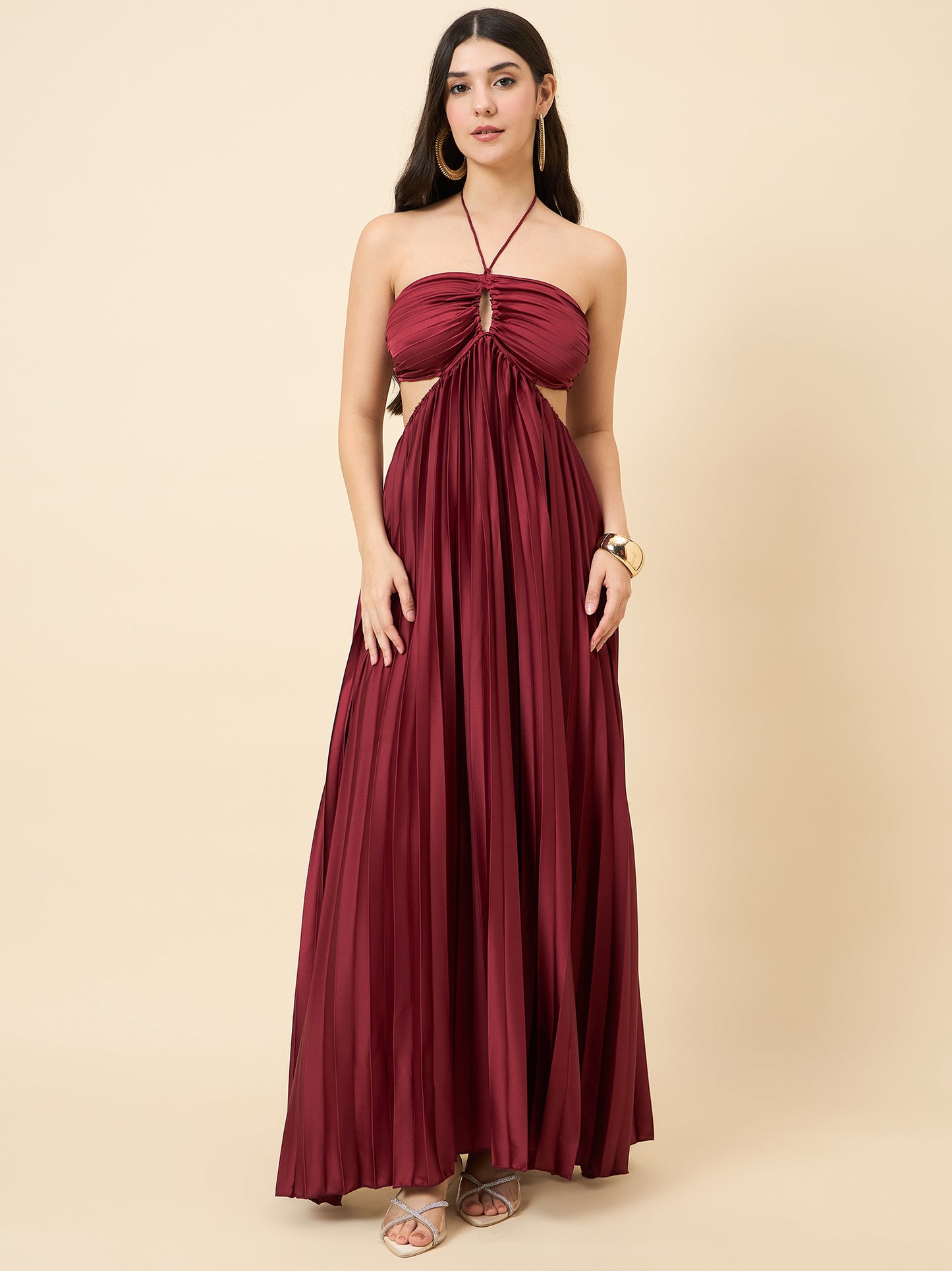 Solid Halter Neck Pleated Satin Maxi Dress
