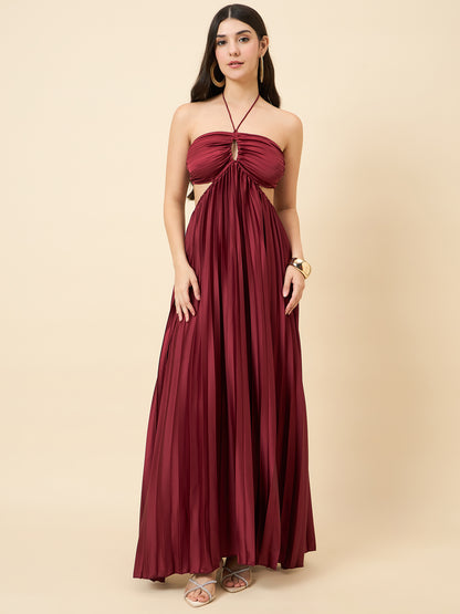 Solid Halter Neck Pleated Satin Maxi Dress