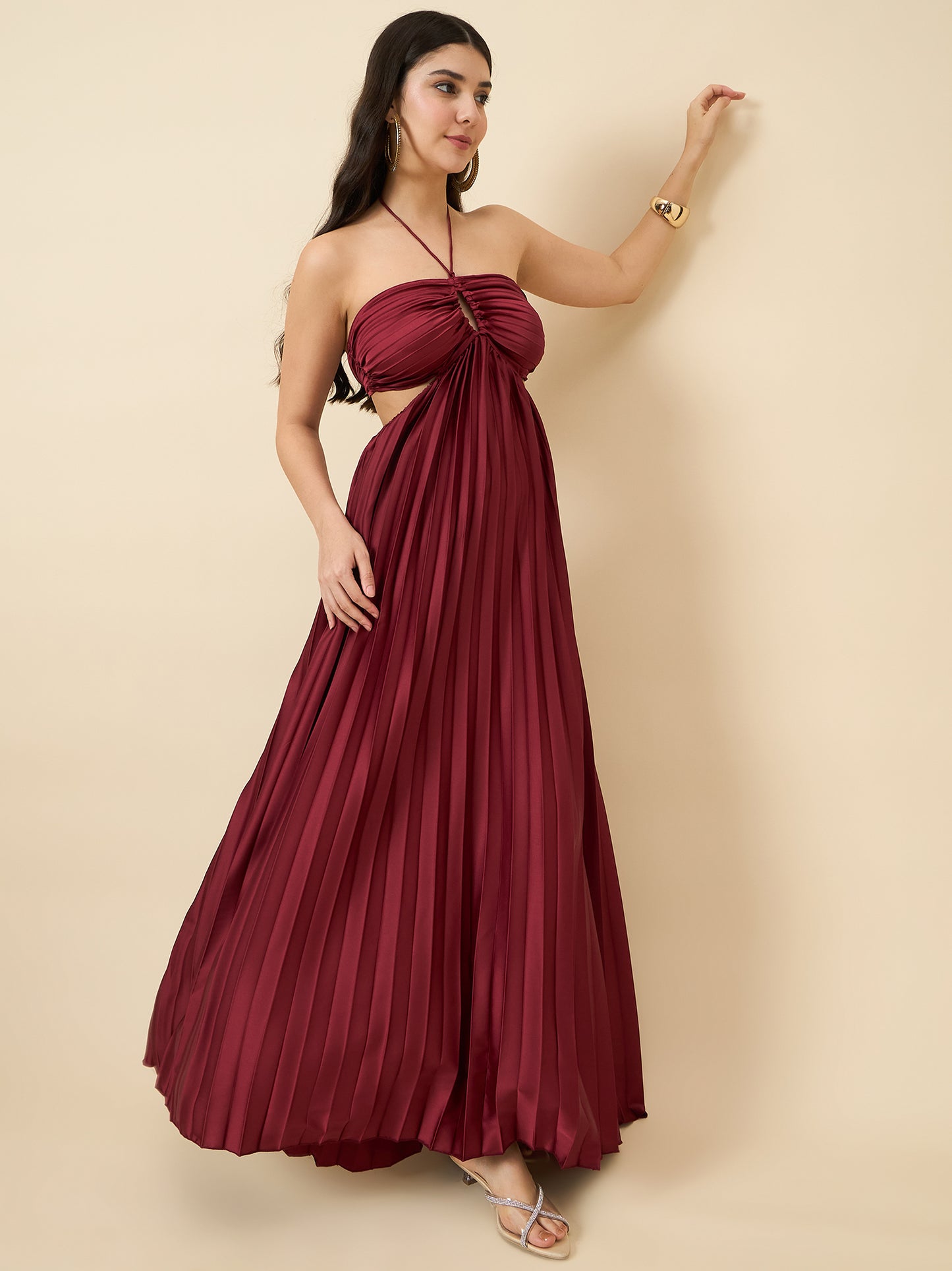 Solid Halter Neck Pleated Satin Maxi Dress