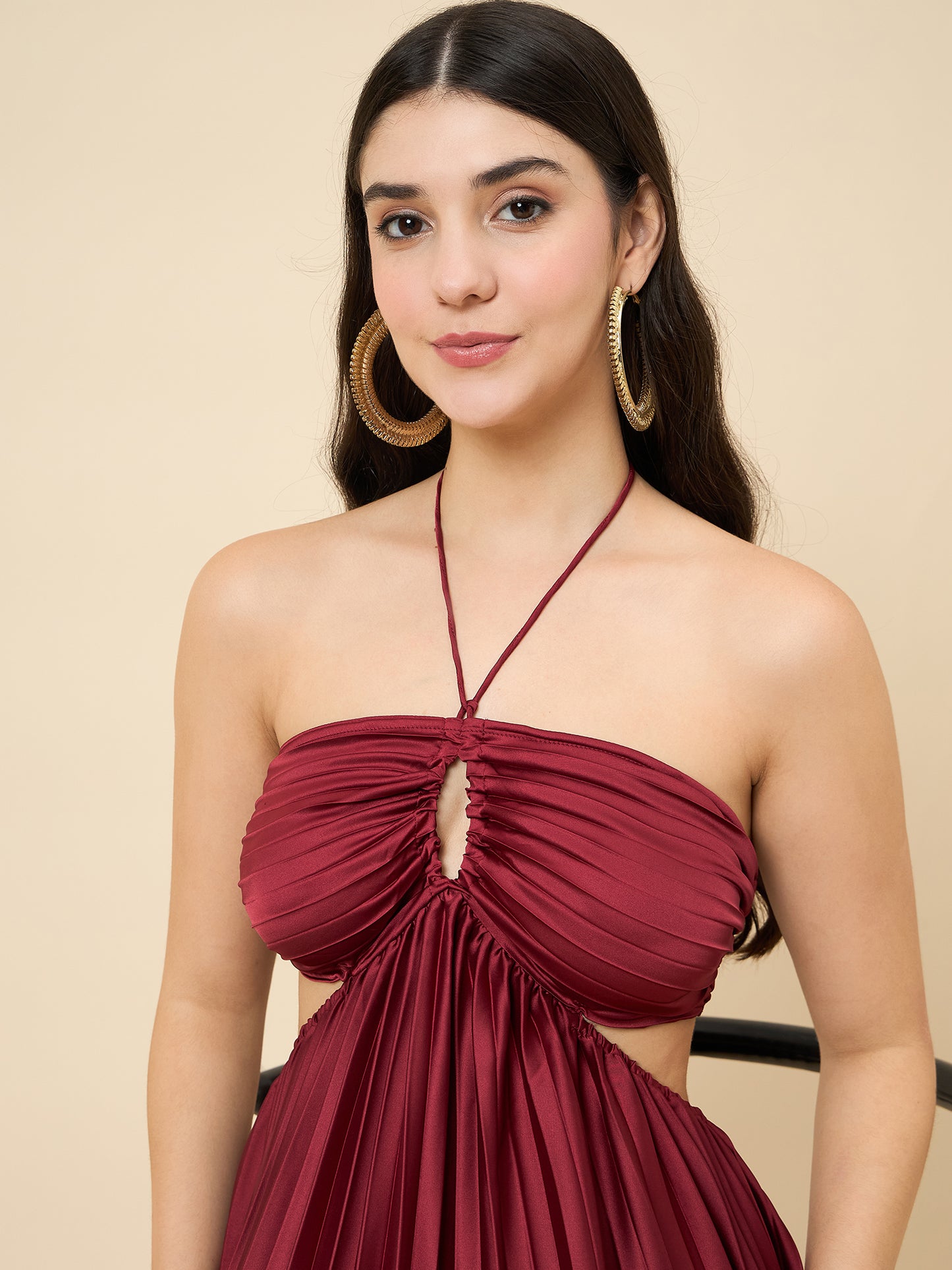 Solid Halter Neck Pleated Satin Maxi Dress