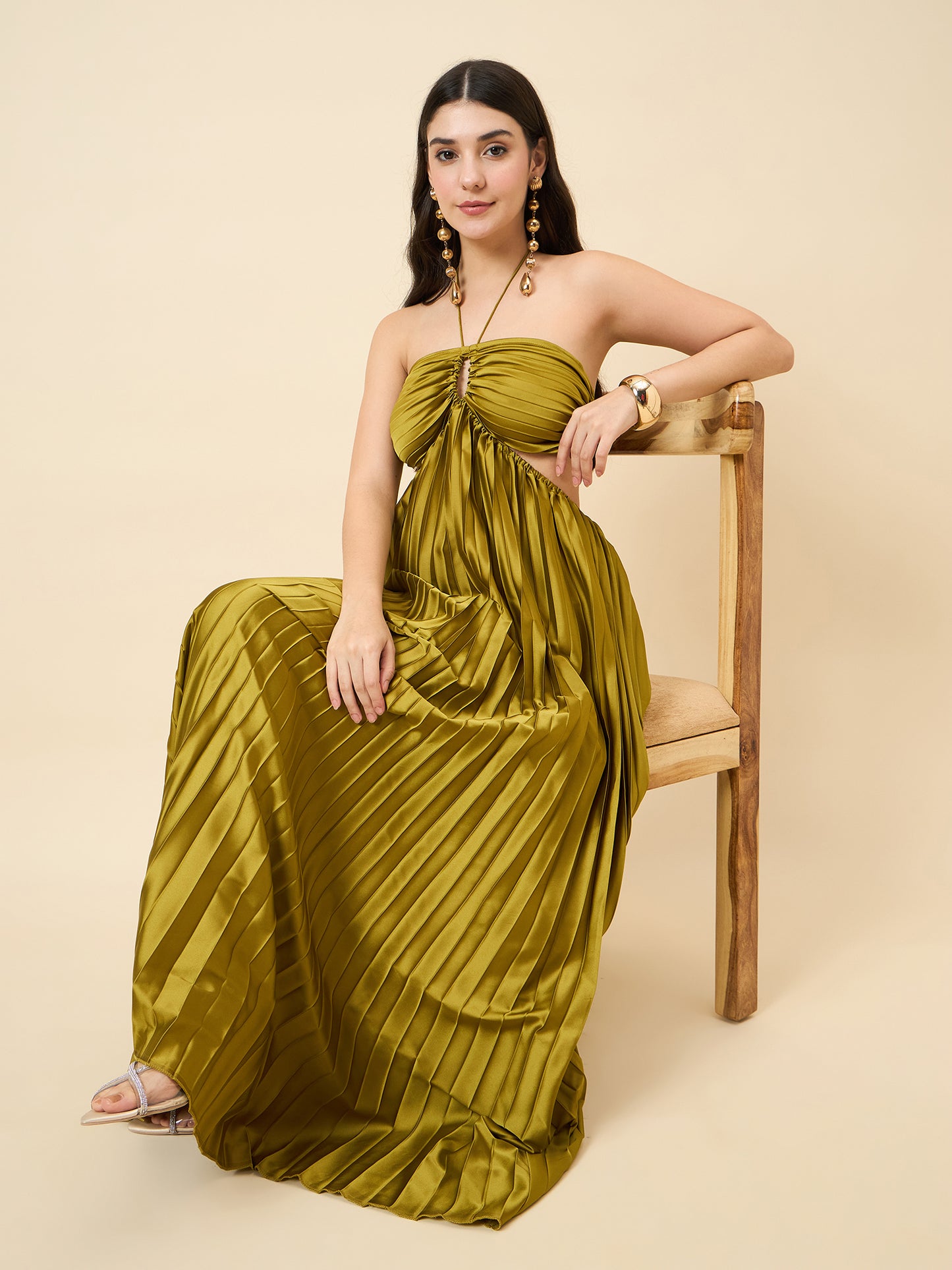 Solid Halter Neck Pleated Satin Maxi Dress