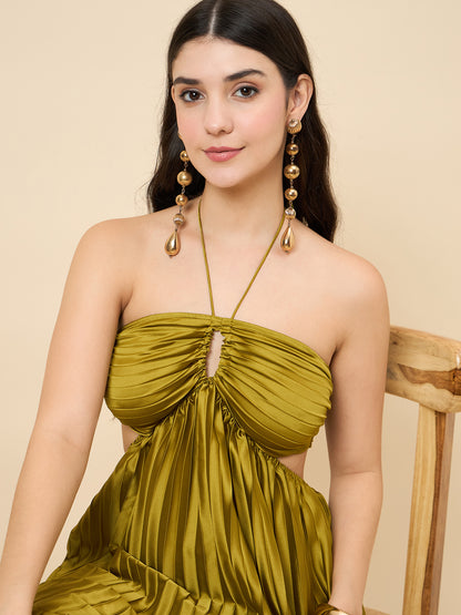 Solid Halter Neck Pleated Satin Maxi Dress