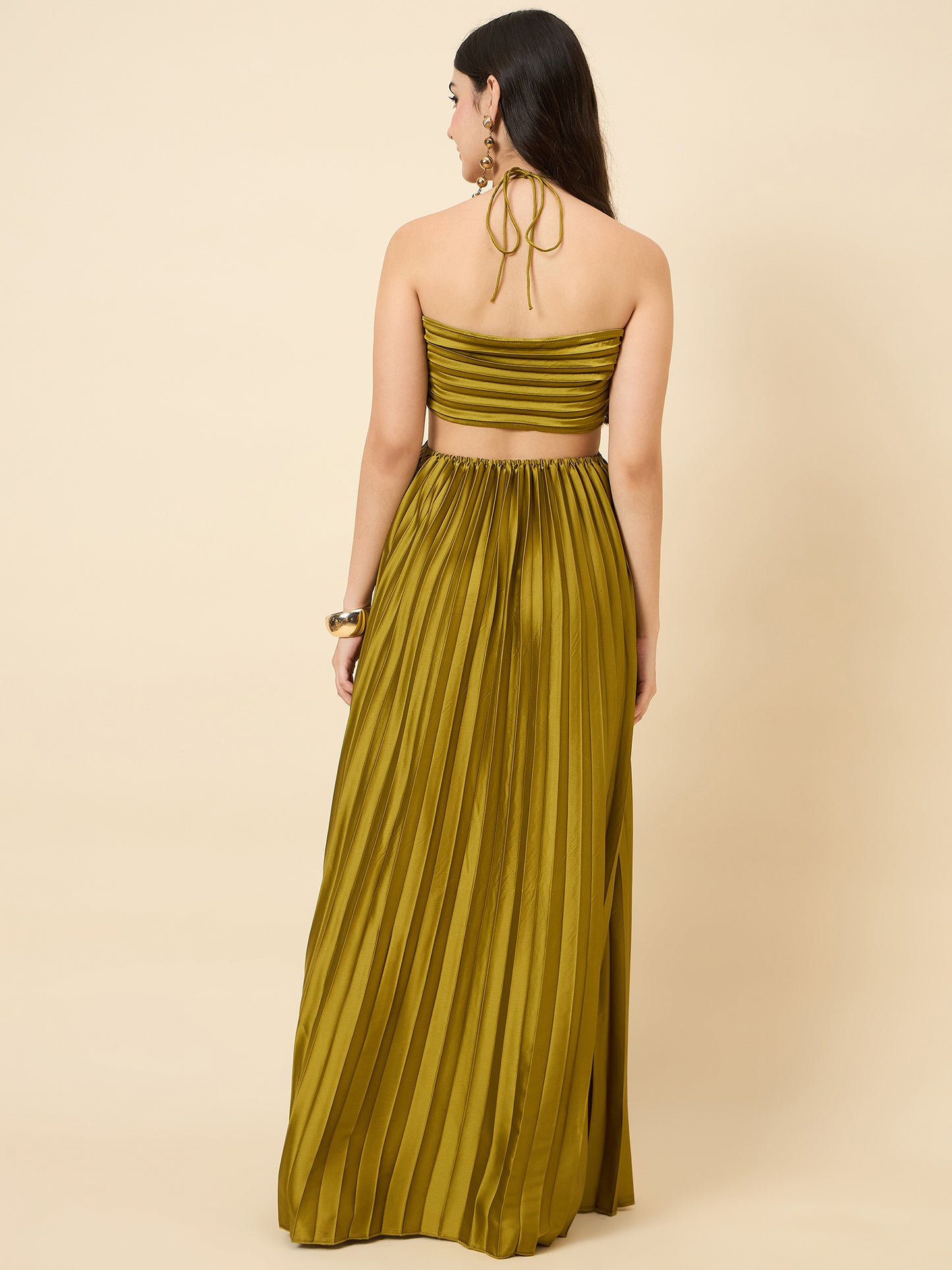 Solid Halter Neck Pleated Satin Maxi Dress