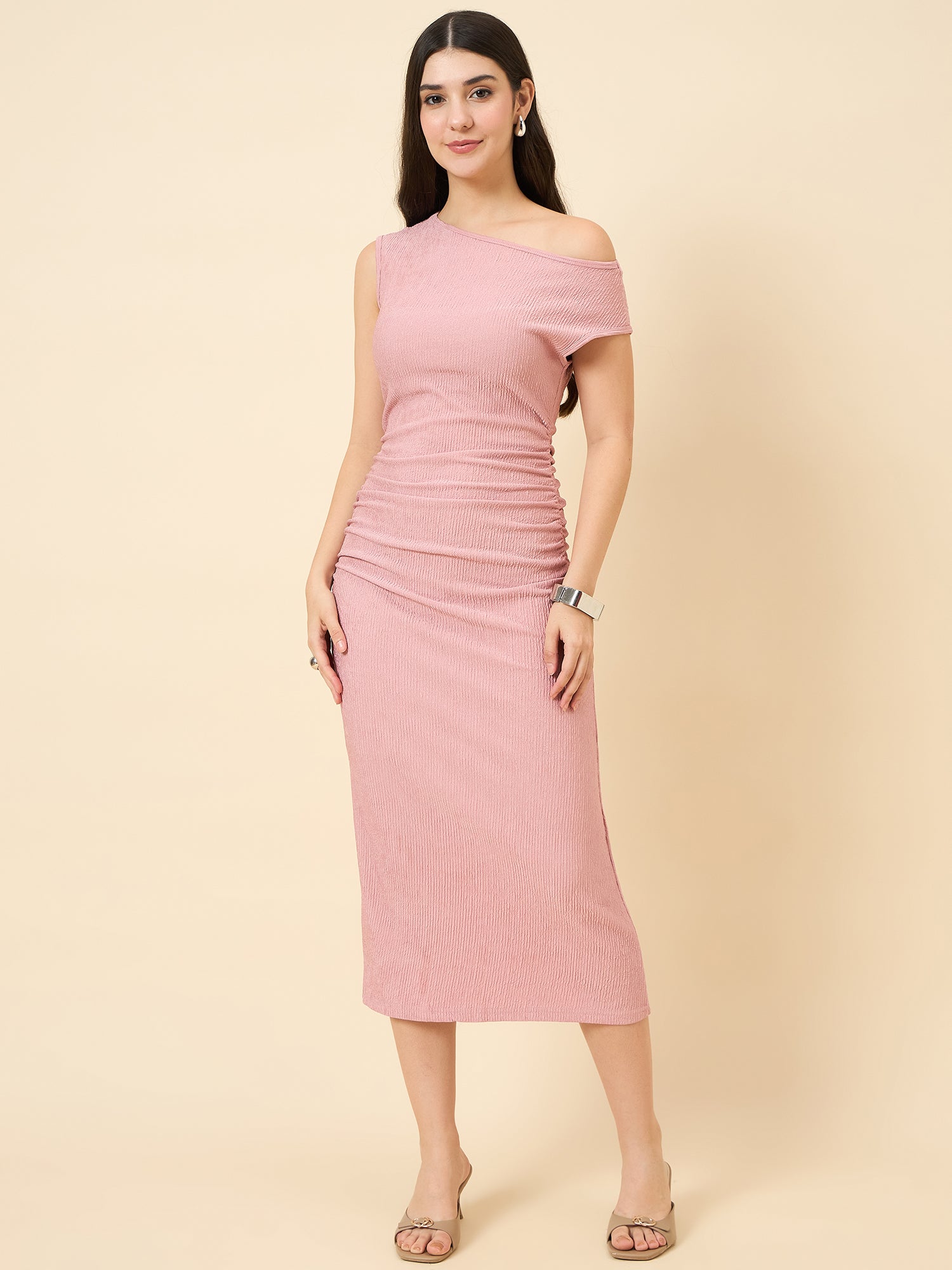 one-shoulder bodycon pink midi on pink background