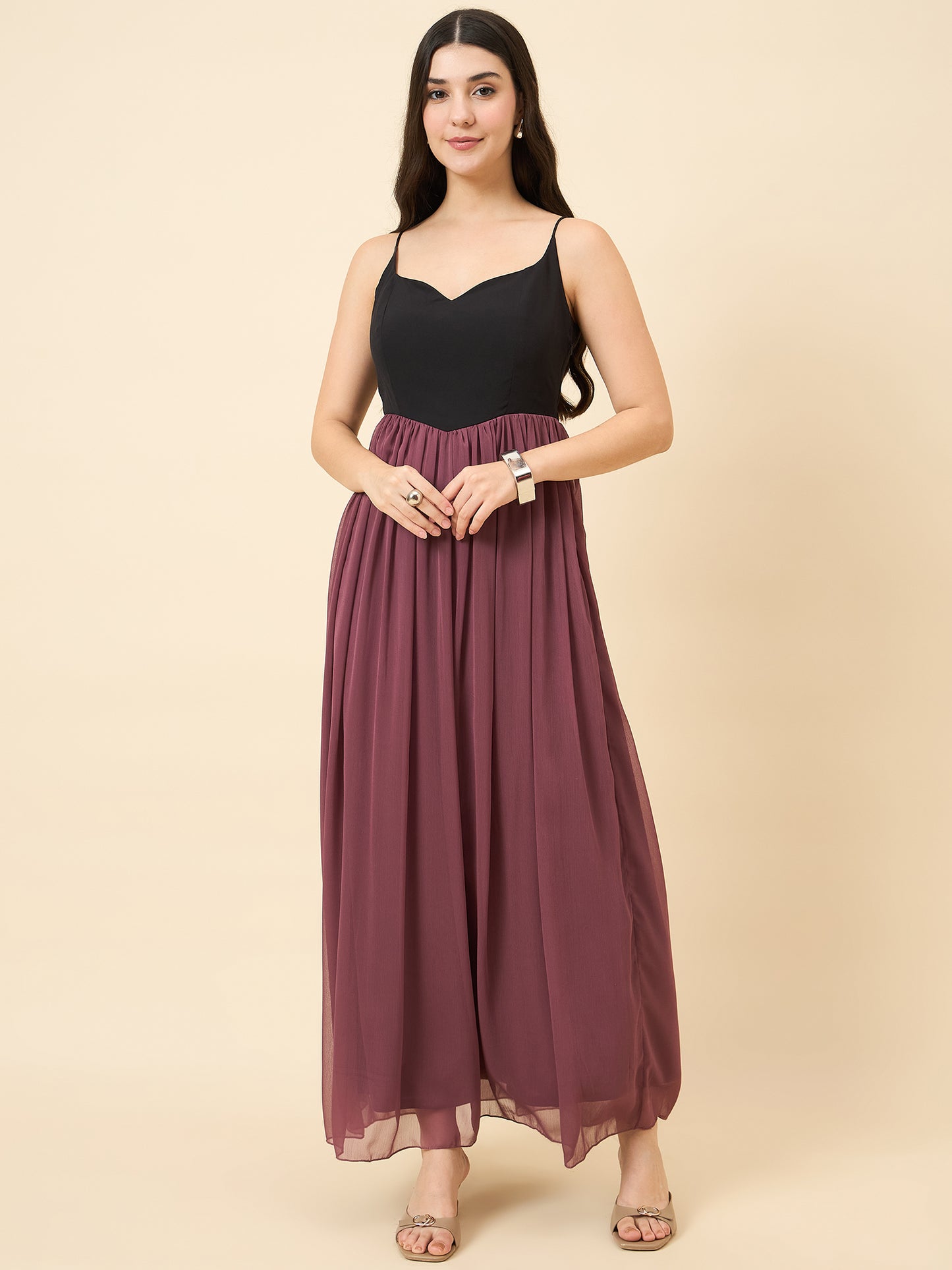 Mauve chiffon maxi dress with sweetheart neckline