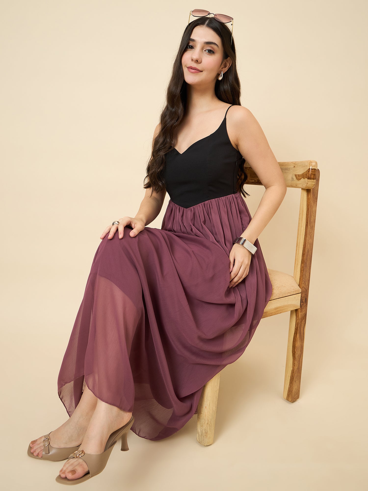 Mauve chiffon maxi dress with sweetheart neckline