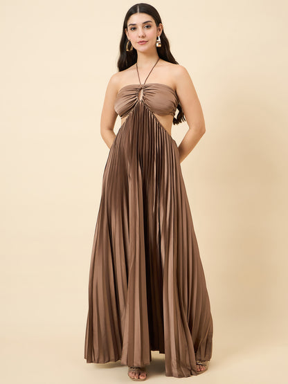 Solid Halter Neck Pleated Satin Maxi Dress