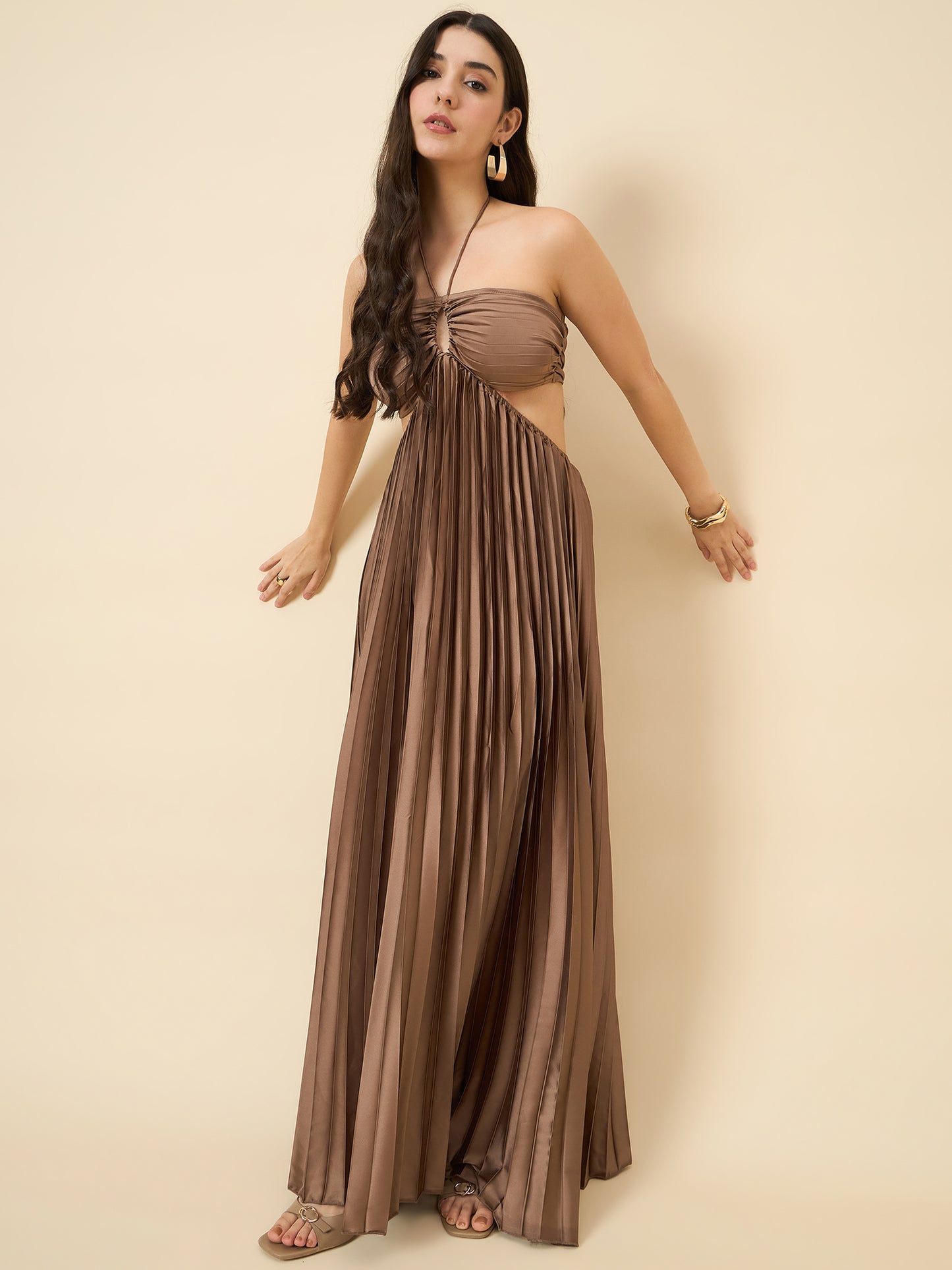 Solid Halter Neck Pleated Satin Maxi Dress