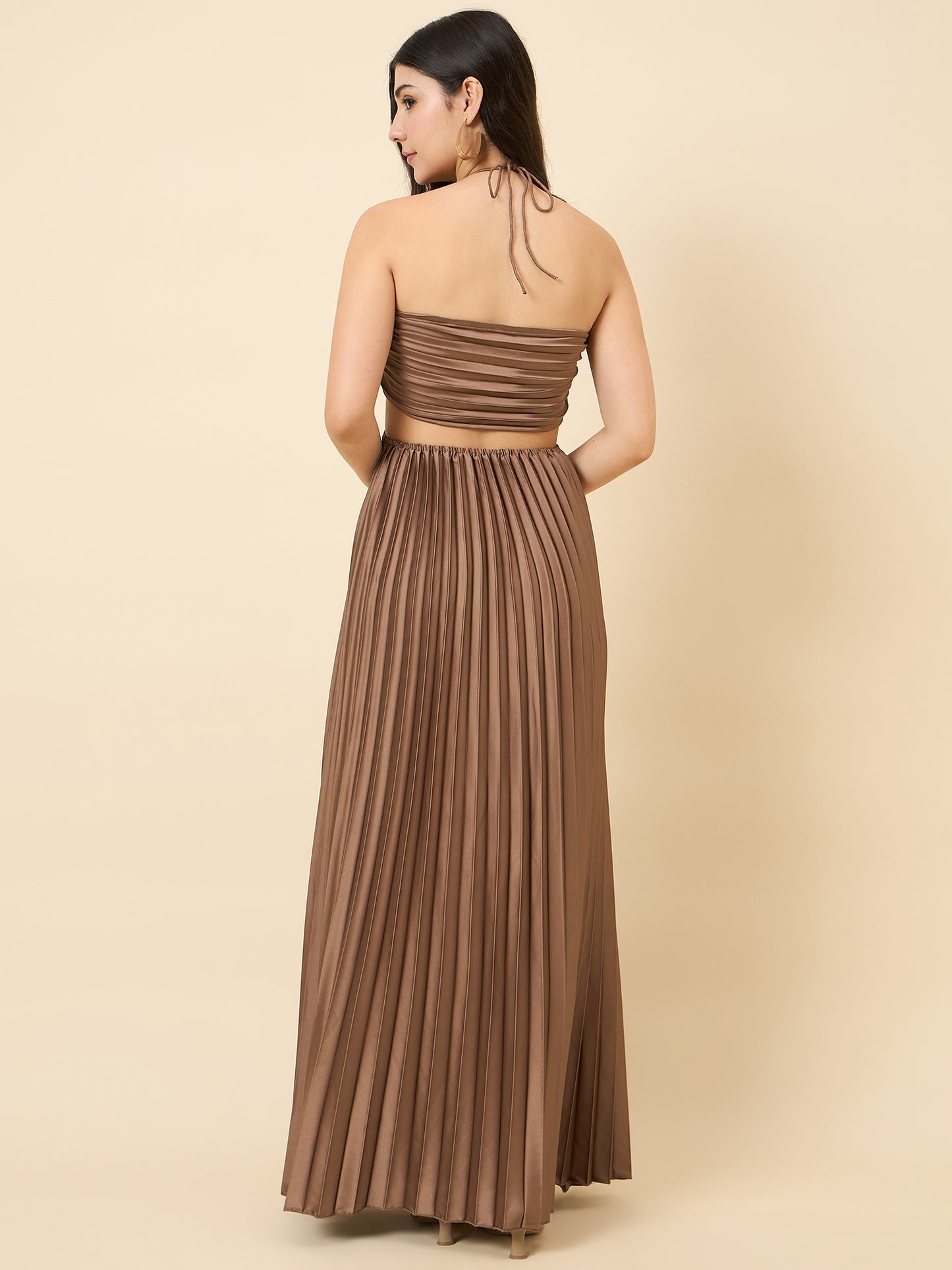 Solid Halter Neck Pleated Satin Maxi Dress