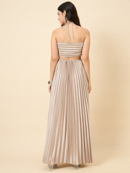 Solid Halter Neck Pleated Satin Maxi Dress