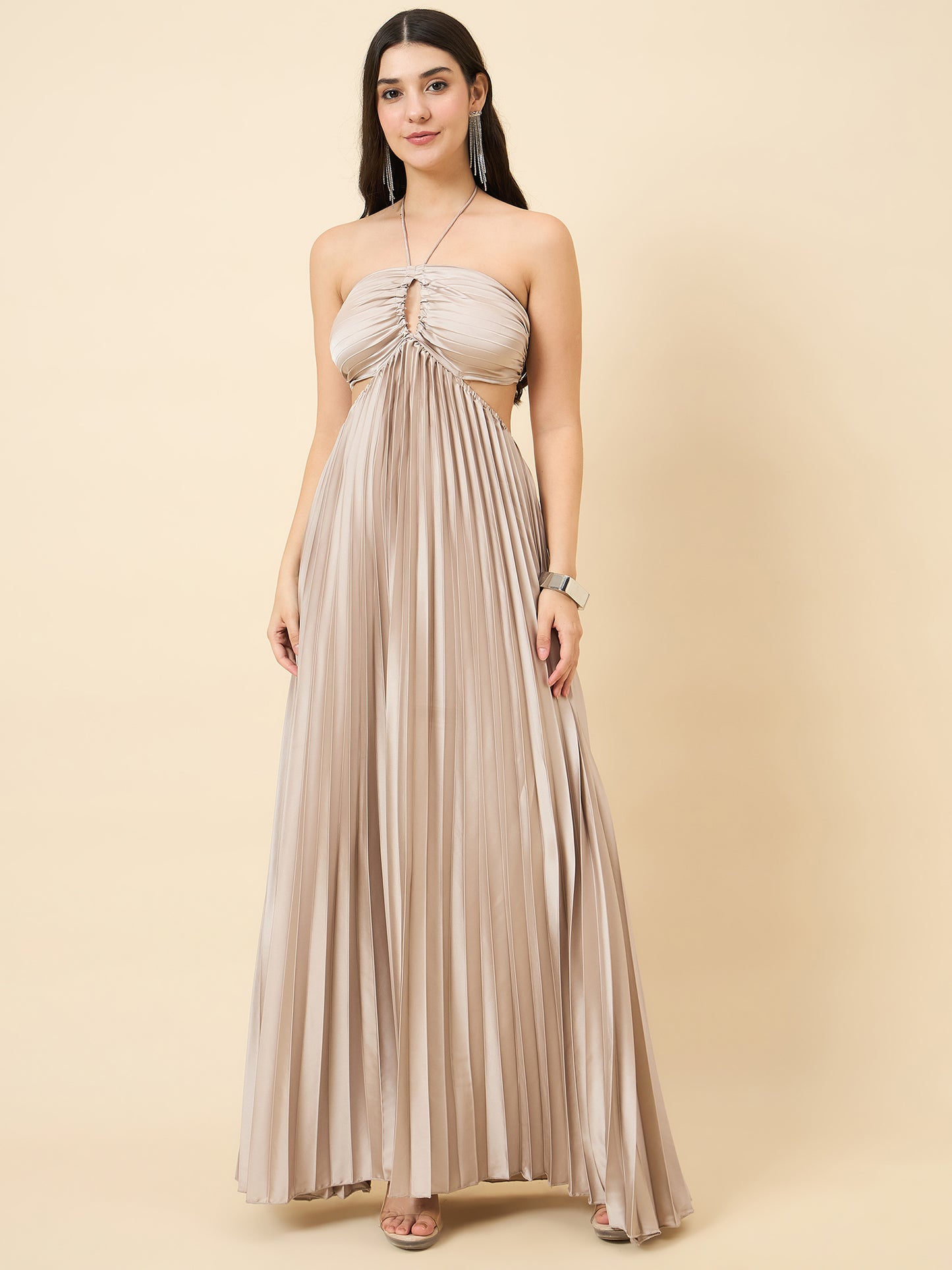 Solid Halter Neck Pleated Satin Maxi Dress
