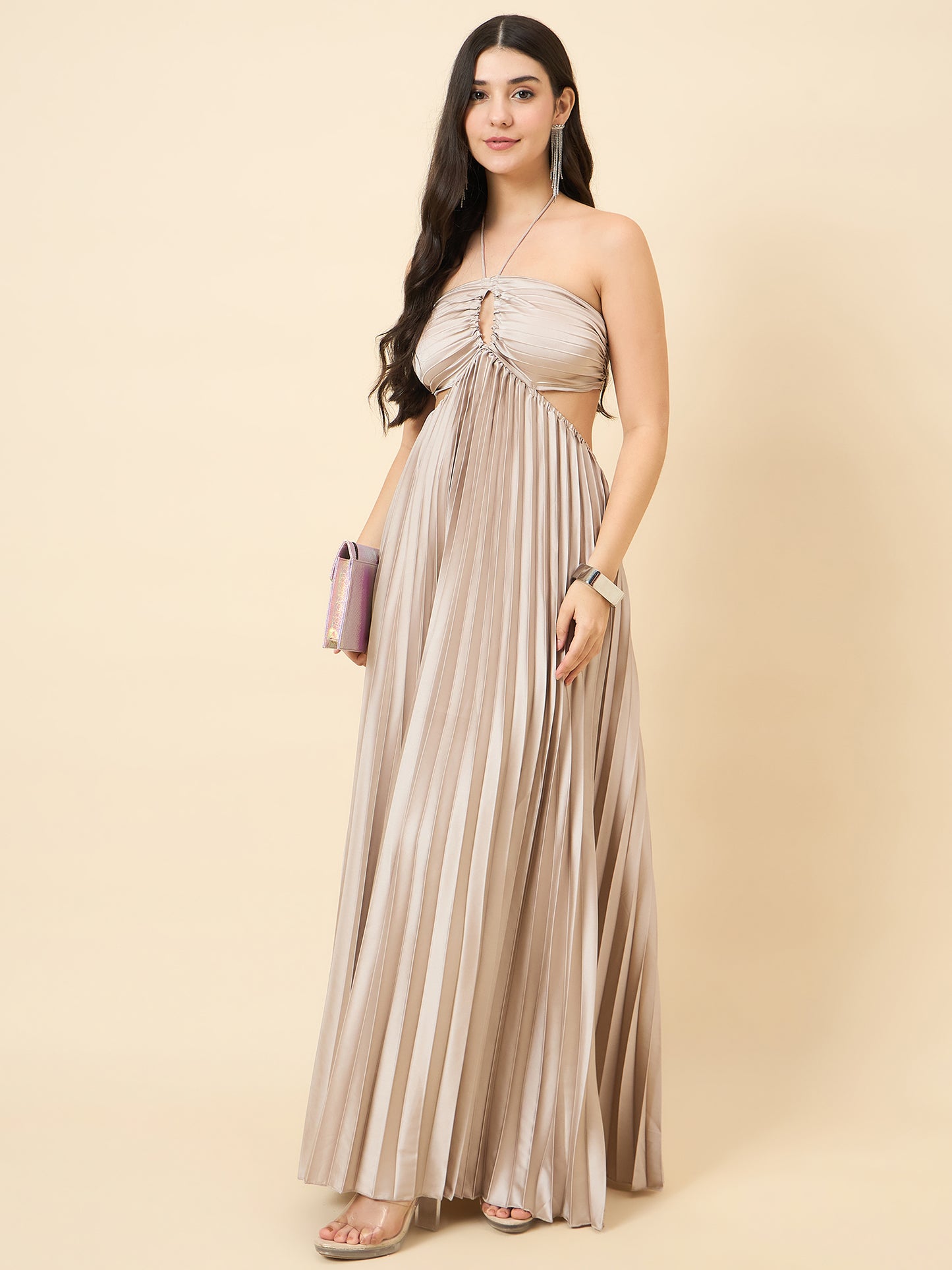 Solid Halter Neck Pleated Satin Maxi Dress